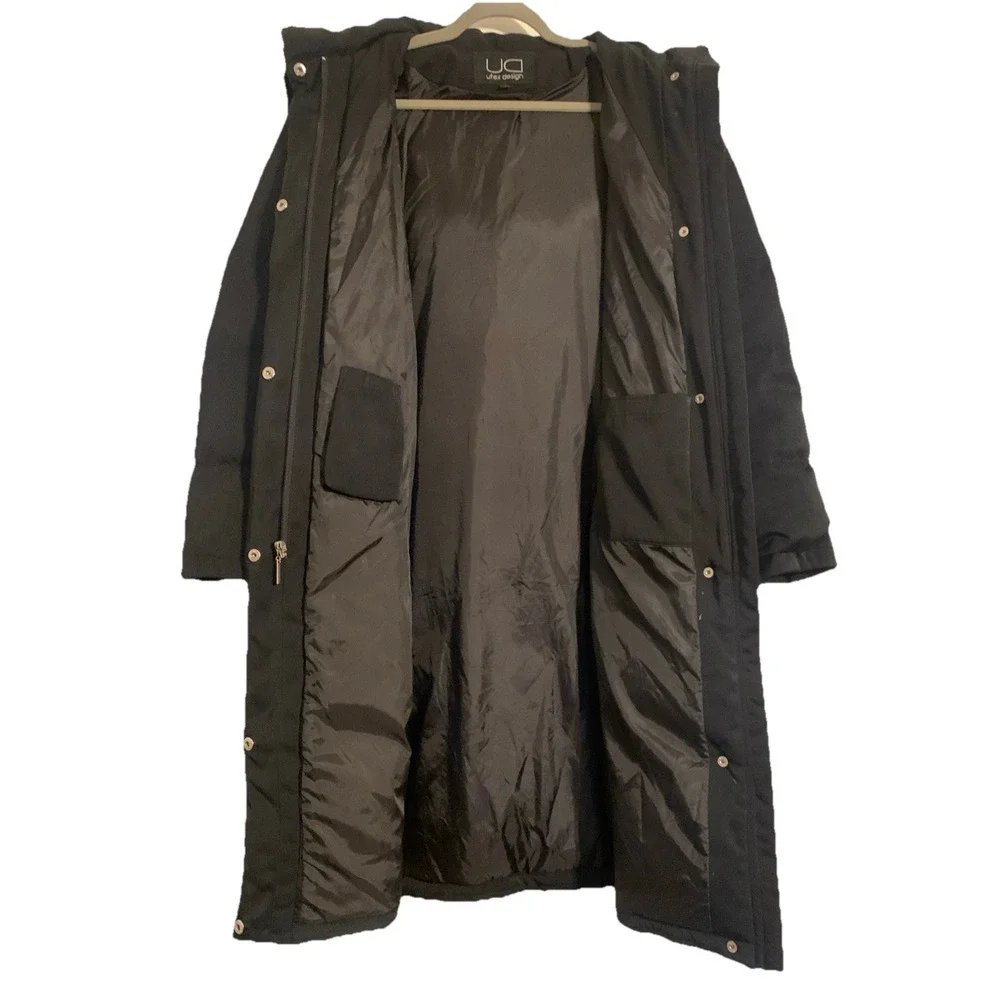 Utex Design Womens L Parka Down Puffer Coat Hooded Fur Quilted Black Long Jacket